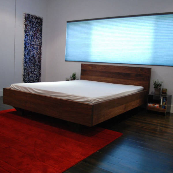 Bedroom,Enchanting Floating Bed Design Inspiration With Nice Brown Bed Frame On Combined Soft White Mattress And Gorgeous Light Blue Horizontal Blind Also Cozy Red Rug ,Pleasured Floating Bed Ideas