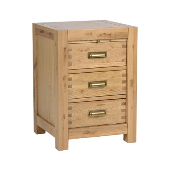 Bedroom,Simple Bedside Table Design With Nice Peach Wood Material And Stylish Three Drawer Also Gorgeous Golden Knobs,Affordable And Multifunctional Bedside Table Design For Bedroom