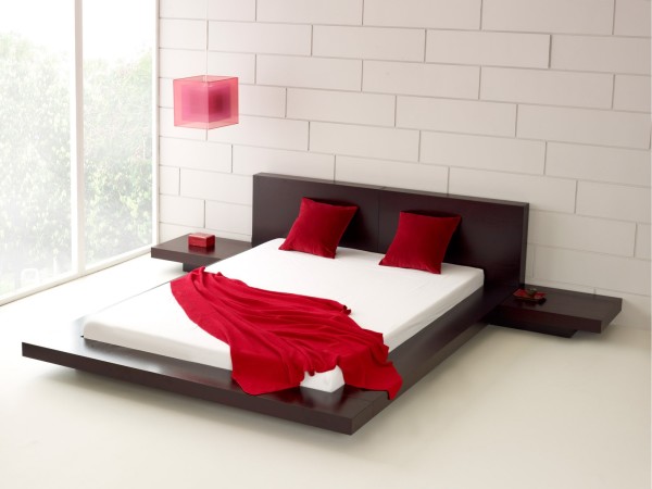 Furniture,Breathtaking House Interior Design With Picturesque Platfrom Bed In Dark Brown Wood Bed Frame And Comfortable White Bed Sheet On Combined Soft Red Pillows Also Wonderful White Tile Wall,Modern House Interior Designs