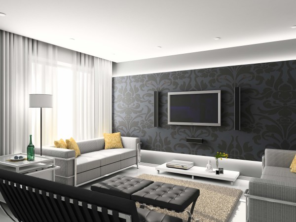 Furniture,Cool Amazing House Interior Design With Stunning Gray Twins Sleeper Sofa And Soft Black Leather Ottomans Also Gorgeous Tv Wall Units Plus Beautiful White Drum Floor Lamp,Modern House Interior Designs