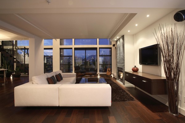 Furniture,Contemporary House Design Ideas With Stylish White Leather L Shape Sofa And Cool Tv Wall Unit On The White Wall Paint Also Trendy Brown Wood Floor,Modern House Design Ideas 2015