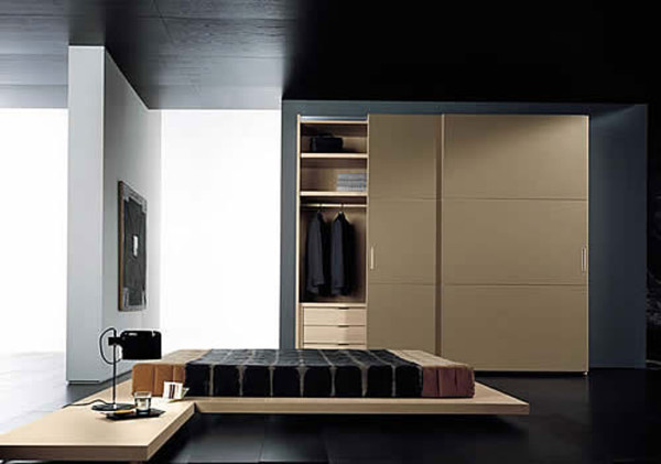 Bedroom,Exclusive Creative Bedroom Decoration With Trendy Low Profil Bed And Modern Sliding Door Wordrobe On Combined Light Brown Color Also Amazing Black Scheme,Creative Bedroom Design Ideas