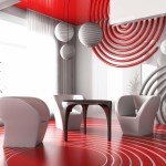 Furniture,Marvelous Interior Design For Home With Unique White Curved Chairs And Cool Black Round Table On Combined Wonderful Red White Linen Floor Also Gorgeous White Pendant Lamps,Stunning Interior Design For Home