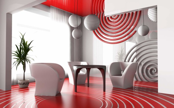 Furniture,Marvelous Interior Design For Home With Unique White Curved Chairs And Cool Black Round Table On Combined Wonderful Red White Linen Floor Also Gorgeous White Pendant Lamps,Stunning Interior Design For Home