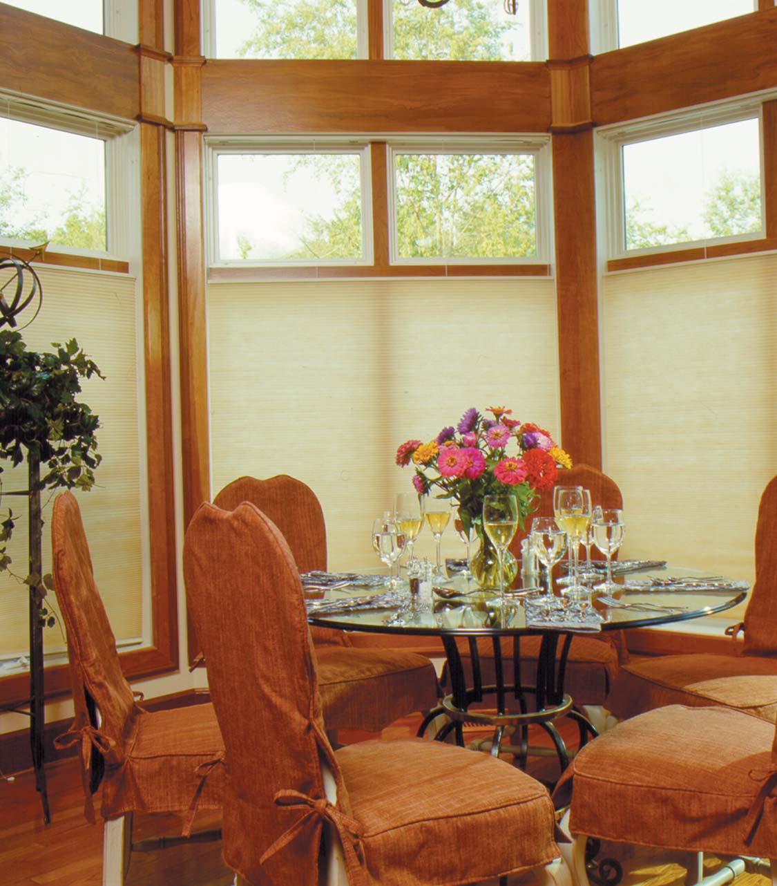 Interior,Cool Awesome Top Down Bottom Up Wood Blind Design Ideas With Adorable Glass Dining Table Also Nice Brown Chair And Beautiful Arrangement Floral,Top Down Bottom Up Wood Blinds Decoration