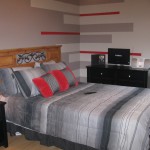 Bedroom,Awesome Teenage Bedroom Ideas Boy Design Inspiration With Nice Brown Wood Headbord And Comfortable White Gray Striped Bed Cover Also Beautiful Black Wood Nightstand Table Plus Cute Pink Cup Table Lamp Using Cool Black Wood Dresser,Extraordinary Teenage Bedroom Ideas Boys For Modern Concept