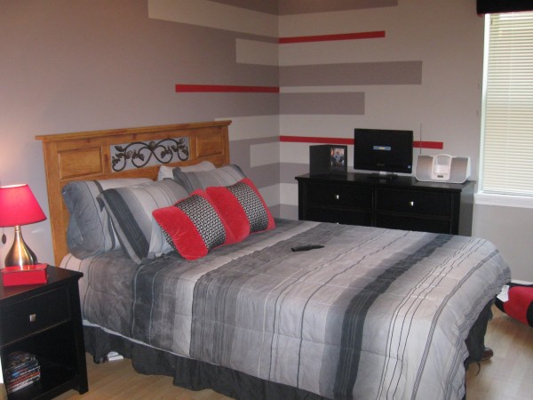 Bedroom,Awesome Teenage Bedroom Ideas Boy Design Inspiration With Nice Brown Wood Headbord And Comfortable White Gray Striped Bed Cover Also Beautiful Black Wood Nightstand Table Plus Cute Pink Cup Table Lamp Using Cool Black Wood Dresser,Extraordinary Teenage Bedroom Ideas Boys For Modern Concept