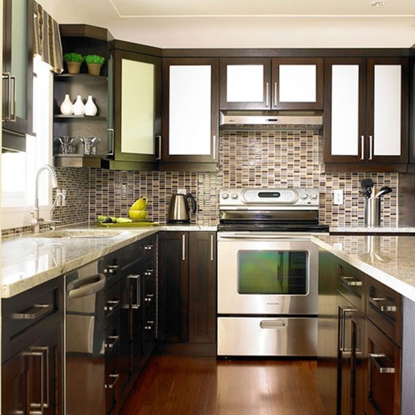 Interior,Fascinating White Ceiling Small Luxury Kitchen Design Inspiration With Charming Dark Wood Kitchen Cabinet And Beautiful White Marble Countertop Plus Nice Corner Shelving Units Also Gorgeous Dark Mixed White Wood Floating Kitchen Cabinet,Best Small Luxury Kitchens Inspiration