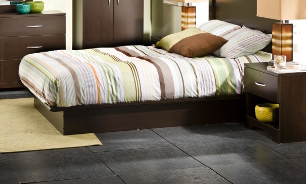 Bedroom,Fashionable South Shore Back Bay Queen Platform Bed Design With Cool Black Bed Frame And Comfortable Stripe Bed Cover Also Beautiful Black Marble Floor,Cool Platform Bed Design