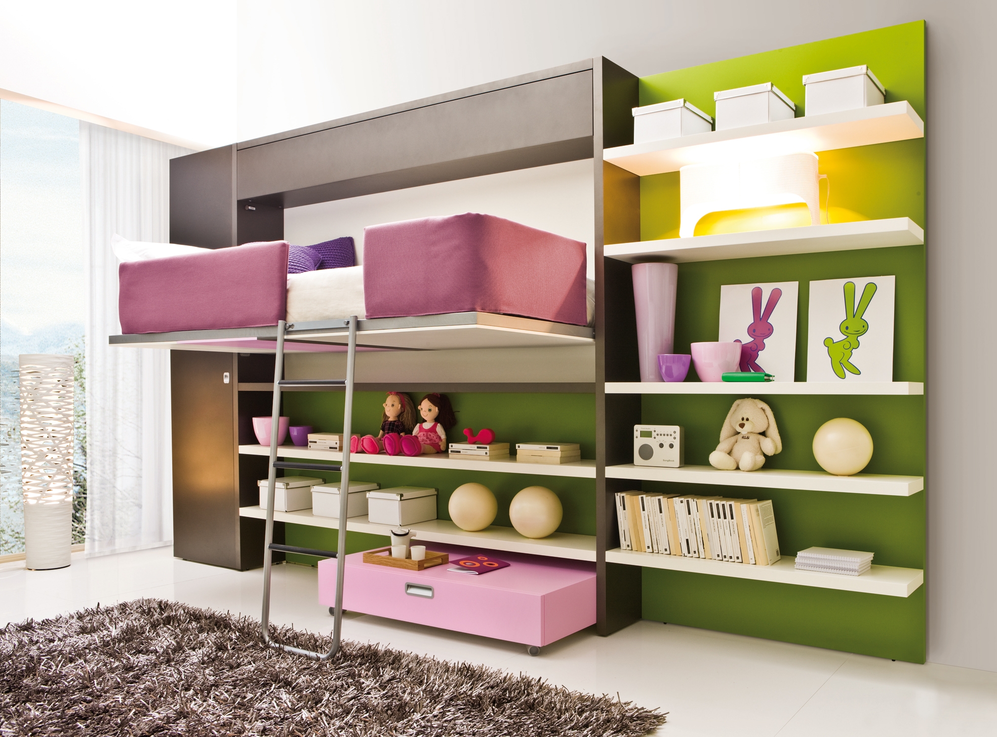 Bedroom,Cool Amazing Green Mixed Gray Wall Paint Room Design For Teenage Girl With Beautiful Loft Bed In Nice Pink Bed Frame Plus Gorgeous Three Steps Ladder And Awesome Open Shelves Also Soft Brown White Fur Rug On Combined Modern White Ceramic Tile Floor,Cool Room Designs For Teenage Girls