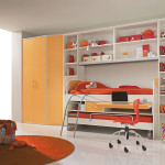 Bedroom,Unusual Teenage Bedroom Ideas Boy With Amazing Bunk Bed On Combined Comfortable Orange Bed Sheets Feat White Wooden Bookshelves And Cool Red Armless Chair On The White Floor Also Extra Tall Yellow Wood Wardrobe,Extraordinary Teenage Bedroom Ideas Boys For Modern Concept