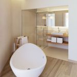 Furniture,Fabulous Shower Design Small Bathroom With Stylish White Ceramic Free Standing Bathtub On Combined Beautiful Natural Linen Wood Floor Plus Cool Chrome Freestanding Bathtub Faucet And Adorable Bright Wood Vanity Cabinet Also Stunning White Ceramic Square Vessel Sink ,Modern Shower Designs Small Bathrooms