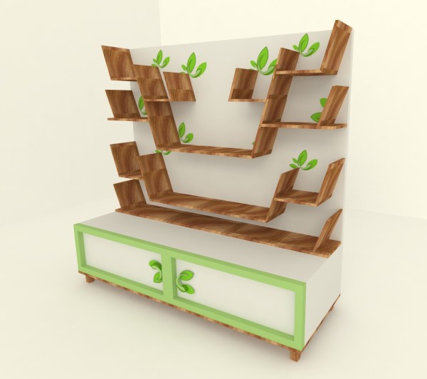 Furniture,Creative Book Shelf Design With Amazing Tree Branch Bookshelf In Stylish Brown White Green Color And Nice White Green Cabinet Also Unique Leaf Shaped Knobs,Contemporary Furniture Book Shelf Designs 2015