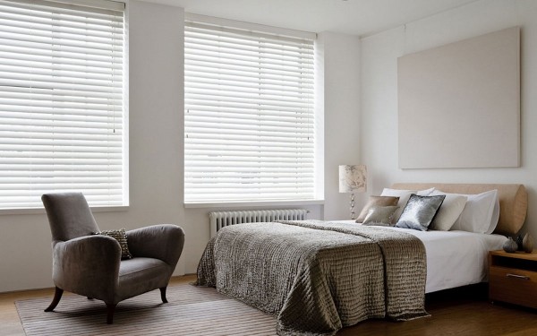 Interior,Cool Amazing White Wooden Blind And Cozy Arm Chair With Charming Bed For Bedroom Decoration,Amazing Wooden Blinds For Your Inspiration
