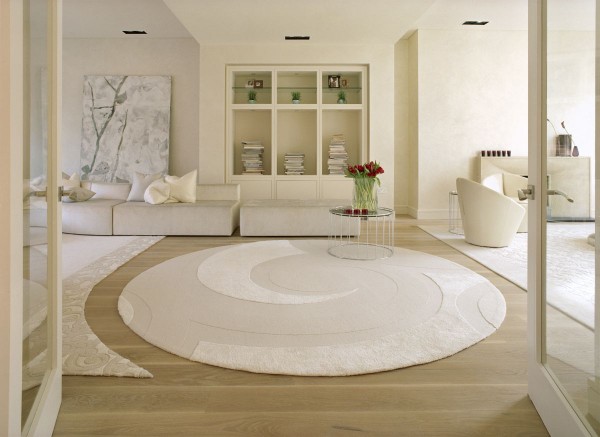 Interior,Cozy White Sofa And Modern White Bookshelft With Stylish White Cycle House Rug Design Ideas And Pretty Wood Floor,House Rugs Decoration