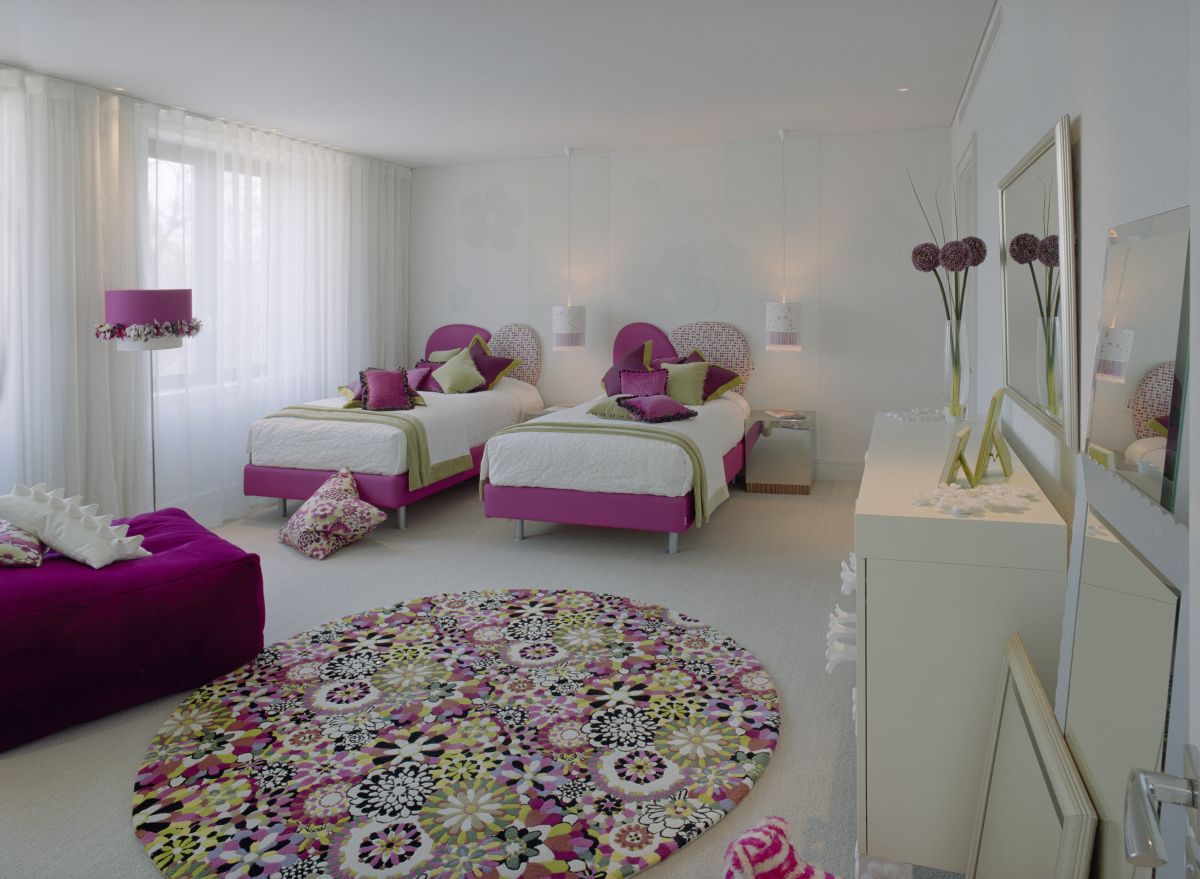 Interior,Marvelous Two Purple White Bed And Pretty House Rug Decoration On Combined Funny Colorful For Teenage Girls,House Rugs Decoration