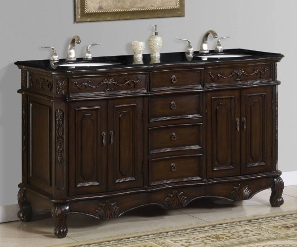 Bathroom,Antique Double Vanity With Top Design Ideas And Cool Stylish Black Sink Also Dark Brown Cabinet,Double Vanity With Top Decoration