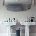 Bathroom,Extraordinary Oval Bathroom Mirror Seattle Design Ideas With Pretty Double White Sink And Nice Stainless Bin,Bathroom Mirrors Seattle