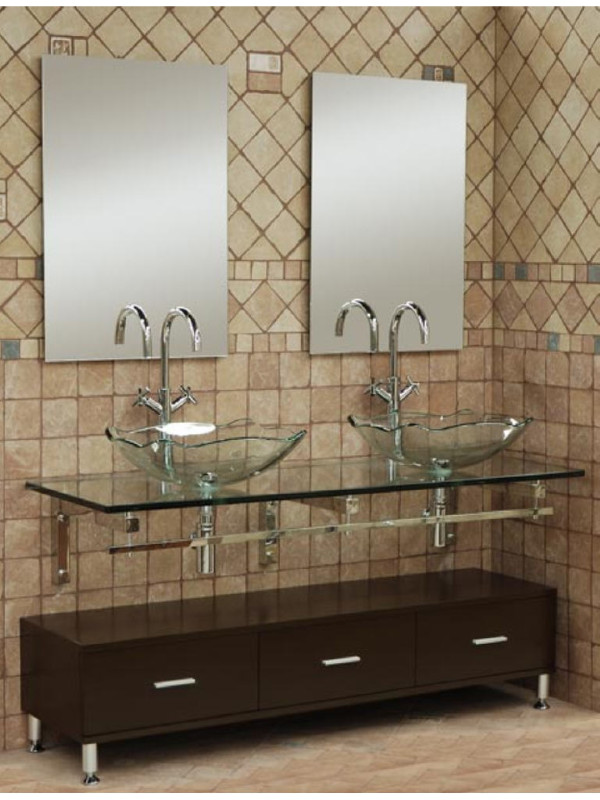 Bathroom,The Best Cool Double Vanity With Top Design Ideas And Cool Glass Sink Also Beautiful Dark Brown Cabinet,Double Vanity With Top Decoration