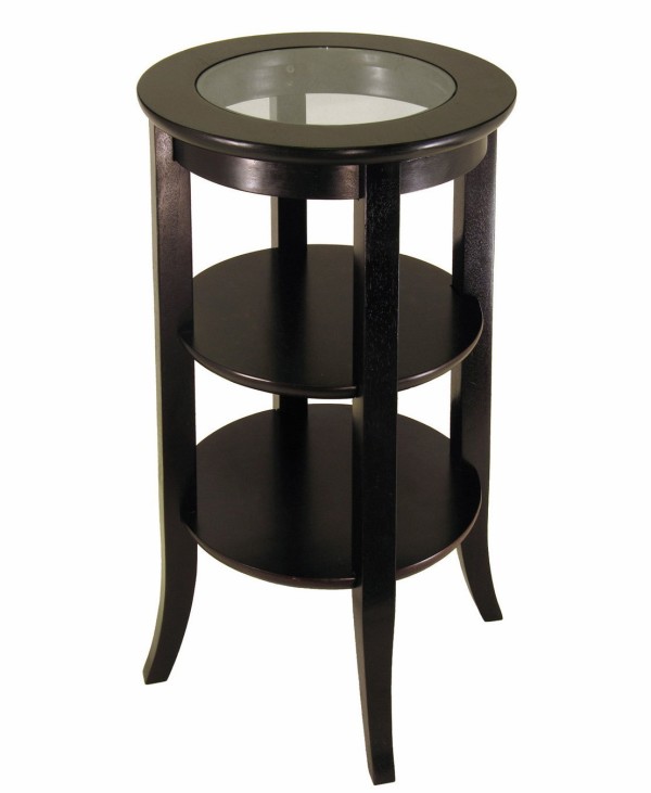 Furniture,Fashionable Round Wood Accent Table Design Inpiration With Stylish Three Shelf And Gorgous Black Color,Modern Round Wood Accent Table