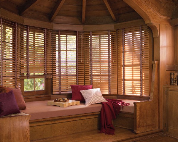 Interior,Cool Amazing Wood Bay Window On Combined Soft Pillow And Adorable Wood Blind For Home Design Ideas For Classic Concept,Cool And Trend Blinds For Your Home