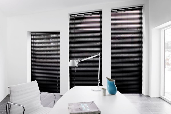 Interior,Cool Stylish White Desk With Modern White Arm Chair And Trend Three Black Blind For Home Design Inspiration ,Cool And Trend Blinds For Your Home