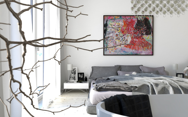 Bedroom,Creative Low Bed Design With Charming Gray Fabric Bed Frame And Nice White Bedside Table Also Beautiful Artwork,Sightly Low Beds Design