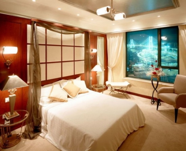 Bedroom,Romantic Bamboo Bed Design On Combined Large White Bed Cover And Gorgeous Glass Bedside Table Also Unique Pendant Lamps,Modern Bamboo Bed Designs