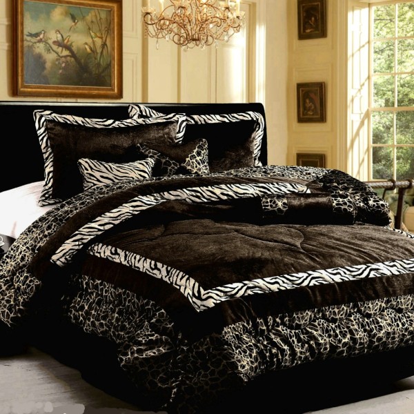 Bedroom,New Luxurious Comfortable Bed Set With Stylish Faux Fur Black White Queen And Soft Mattress Also Cozy Black Headboard,Comfortable Bed Set
