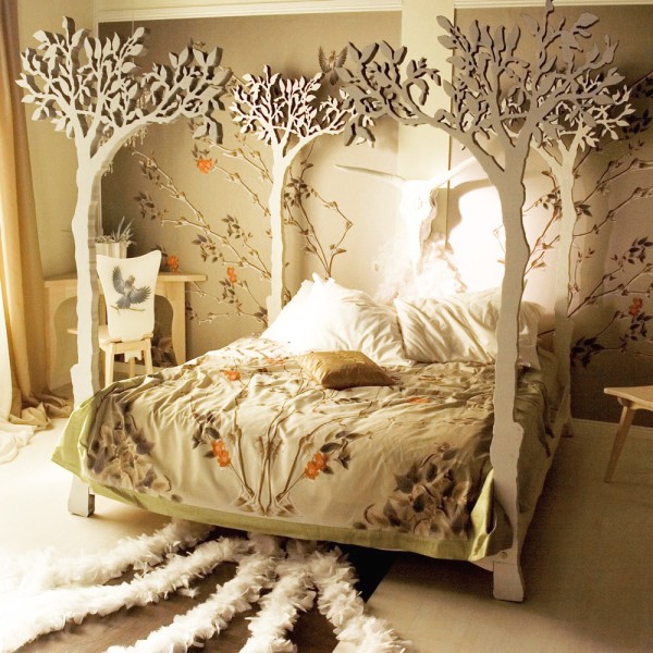 Bedroom,Nice Spectacular Tree Bed Design With Cool White Tree Canopy And Beautiful Floral Bed Cover Also Soft White Pillow,Romantic Sleeping Tree Bed Inspiration