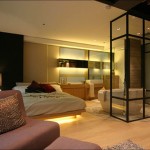 Bedroom,Stunning Comfortable Bed Set Design With Stylish Open Plan Bedroom And Beautiful Apply Glass Frame Also Cool Divider Plus White Bathtub,Comfortable Bed Set