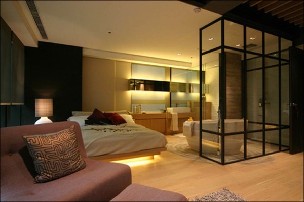 Bedroom,Stunning Comfortable Bed Set Design With Stylish Open Plan Bedroom And Beautiful Apply Glass Frame Also Cool Divider Plus White Bathtub,Comfortable Bed Set