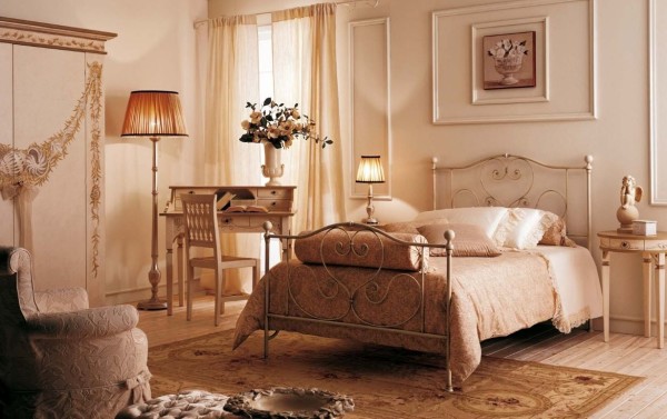 Bedroom,Style Wrought Iron Bedroom Design With Comfortable Bed Set And Charming Study Space Also Nice Stand Lamp For Retro Concept,Contemporary Iron Bedroom Design