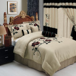 Bedroom,Trendy Comfortable Bed Set Design Inspiration With Beautiful Tan Bed Cover And Nice Floral Ornament Also Luxurious Wood Headboard,Comfortable Bed Set