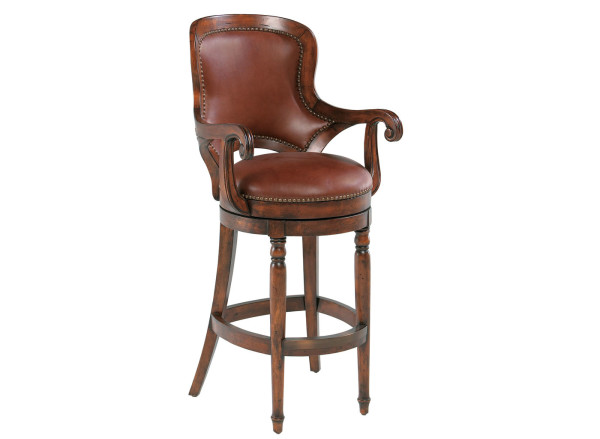 Furniture,Wonderful Leather Bar Stool With Arm Design And Antique Wood Frame Also Beautiful Brown Color,Leather Bar Stools With Arms To Create A Comfortable