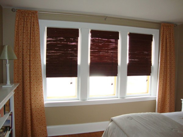 Interior,Enticing Curtain Ideas For Large Window With Beautiful Brown Two Curtain And Nice Dark Brown Blind,Curtain Ideas For Large Windows