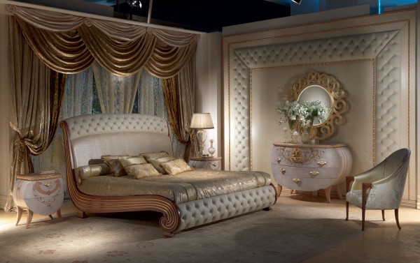 Bedroom,Cool Luxurious Bed Design Ideas With Charming White Color And Beautiful Gold Curtains Also Classic White Wood Cabinet,Classic And Luxurious Beds